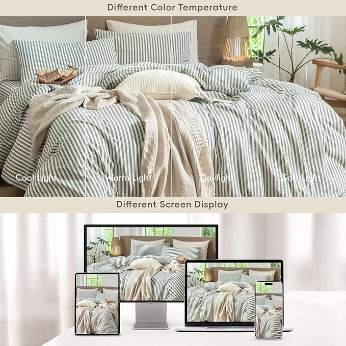MooMee Striped Duvet Cover Set 100% Washed Cotton Linen Like Textured Breathable Durable Soft Comfy (Heathered Green Classic Stripes, Oversized Queen 98"x98")