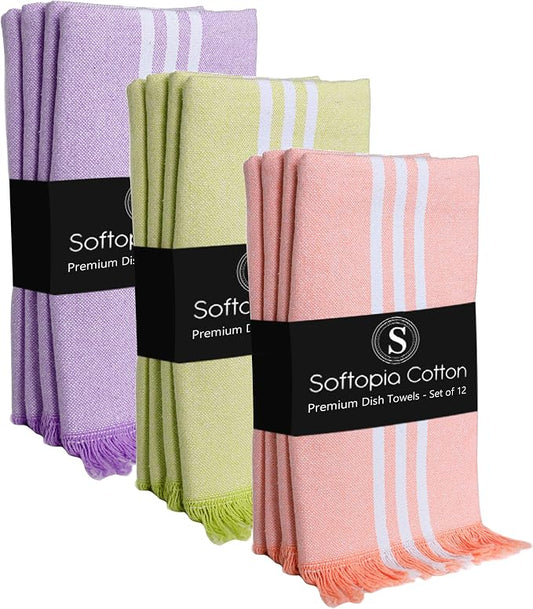 Multi Color Kitchen Towels 12 Pack, 16x26 Inches, Striped Tea Towels, Quick Dry Dish Cloths, Absorbent Cleaning Rags, Reusable and Washable Kitchen Wipes - Orange, Green, Lavender