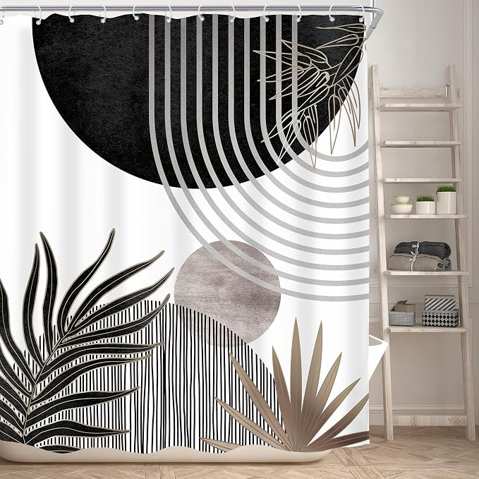 KOMLLEX Mid Century Black Grey Boho Shower Curtain 60Wx72L Inches Abstract Modern Shower Curtains for Bathroom Decor Plant Dark Grey Minimalist Arch Sun Fabric Liner Waterproof Polyester 12 Pack Hooks