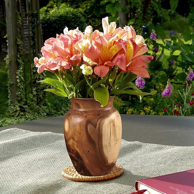 Acacia Wood Vase 7.5" x 7.5" x 11.8" H Handcrafted Natural Brown Wooden Vase Rustic Flower Holder for Entry Table Vintage Artworks Planter for Living Room Home Christmas Décor