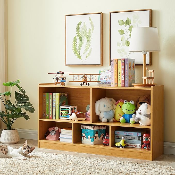Toy Organizers and Storage, 5-Section Kids Bookshelf for Organizing Books Toys, School Classroom Wooden Storage Cabinet for Children's Room, Playroom, Nursery (Natural)
