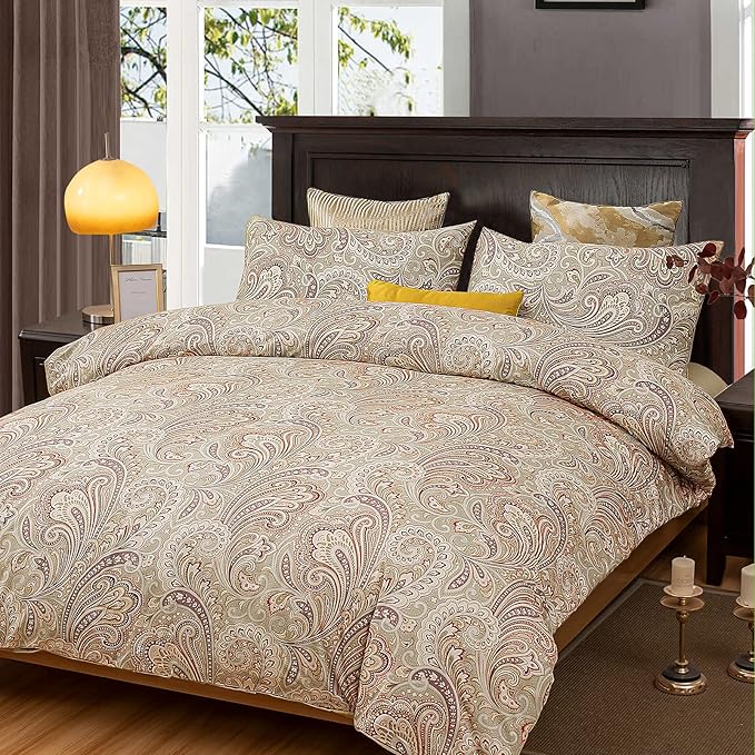 VM VOUGEMARKET Gold Duvet Cover Set King with Paisley Prints,100% Sateen Egyptian Cotton 3 Pieces Boho Damask Medallion Bedding Set,Luxury Elegant Duvet Cover with Button Closure-King,Golden