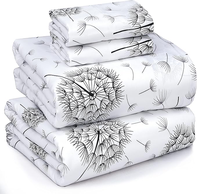 RUVANTI 100% Cotton Full Size Bed Sheets, 4 Pieces, Soft & Breathable Percale Weave Bedding, Deep Pocket 16", Hotel Standard, Crisp Cool Feel, Durable, Perfect Sheet Set Floral, Dandelion