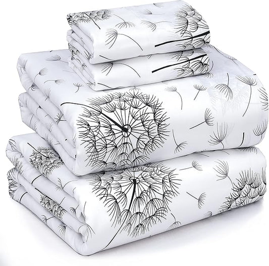 RUVANTI 100% Cotton Full Size Bed Sheets, 4 Pieces, Soft & Breathable Percale Weave Bedding, Deep Pocket 16", Hotel Standard, Crisp Cool Feel, Durable, Perfect Sheet Set Floral, Dandelion