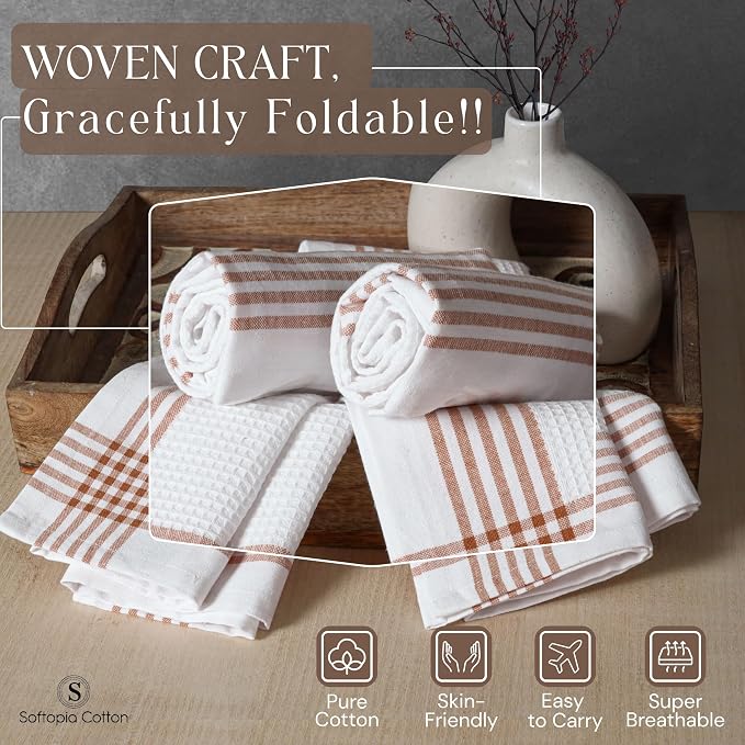Waffle White & Brown 12 Pack Kitchen Towels Set, 100% Cotton, 16x26 inches, Professional Quality Cleaning Towel for Bar, Home, Restaurant Use, Absorbent Dish Cloths for Drying Dishes