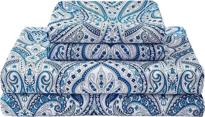 Softan Blue Paisley Printed Bed Sheets King Size, Floral Sheet Set King, Brushed Polyester Microfiber Fitted Sheet with 15" Deep Pocket & Non-Slip Straps, Blue Flower Patterned Sheet & Pillowcase Sets