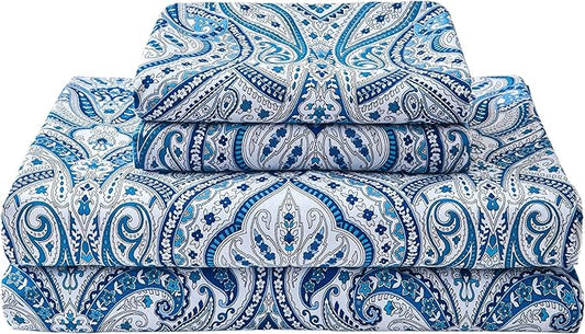 Softan Blue Paisley Printed Bed Sheets King Size, Floral Sheet Set King, Brushed Polyester Microfiber Fitted Sheet with 15" Deep Pocket & Non-Slip Straps, Blue Flower Patterned Sheet & Pillowcase Sets