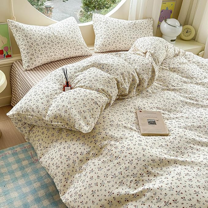 EAVD Garden Style Small Floral Duvet Cover Queen Size Soft 100% Cotton Muslin Bedding Set with Floral Print Fresh Cottagecore Botanical Pattern Duvet Cover with Zipper Closure