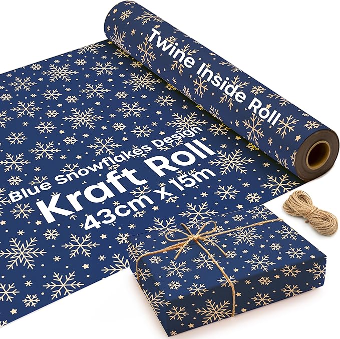 volila Brown Paper Roll - Kraft Paper Roll for Gift Wrapping Flower Boquet Craft Supplies - Wrapping Paper for Moving Packing Paper (Blue Snowflakes)