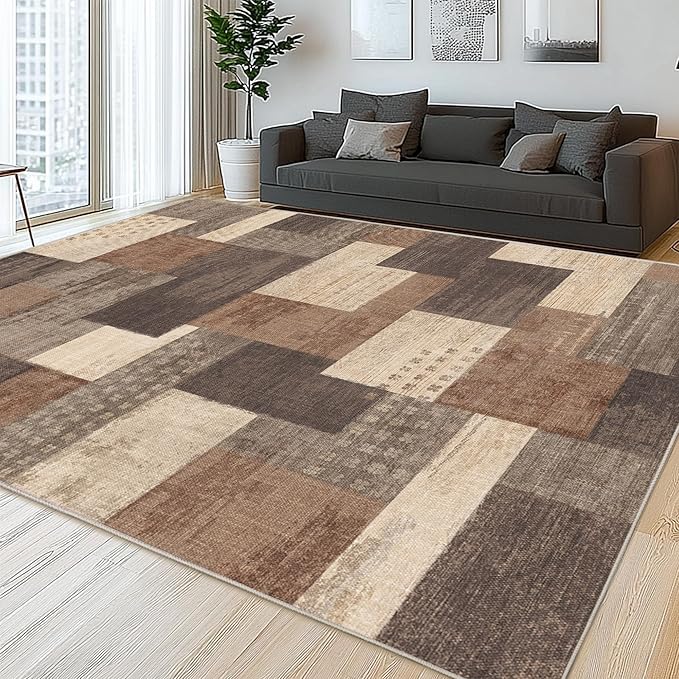 Modern Geometric Patchwork Indoor Area Rug for Living Room, Beige 5'x 7' Large Rug Rockwood Collection Hardwood Floors Decor for Bedroom, Beige Throw Carpet for Office Entryway Dining Room