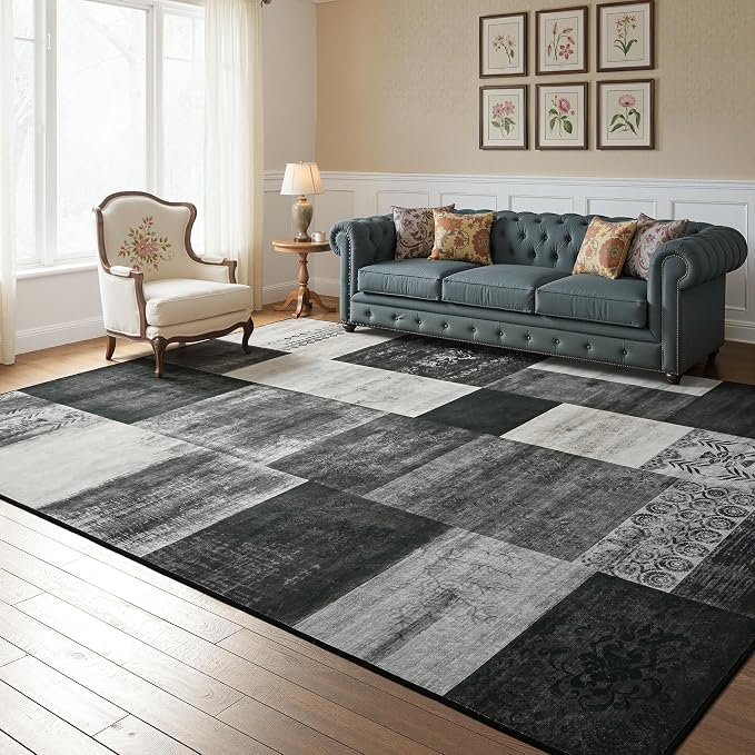 Tepook 5x7 Area Rugs for Living Room, Modern Large Geometric Rug for Bedroom, Washable Patchwork Rug Indoor Non Slip Throw Carpets for Dining Room Office Farmhouse Home Decor, Black and White