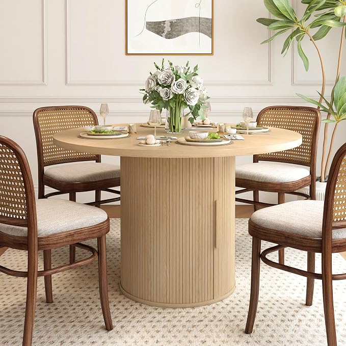 weselon 47 inch Round Dining Table for 4, Kitchen Table Dinner Table with 2-Layer Storage Shelf and Wood Slide Door for Home Dining Room Living Room (Natural)