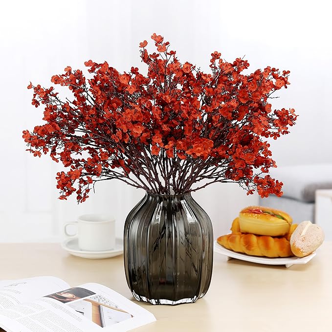 JAKY-Global Babys Breath Silk Artificial Flowers Bulk with Vase 10pcs for Fall Decor Fake Flower Bouquet Bulk for Home Kitchen Indoor Bouquet Floral Arrangement Table Centerpieces Decor(Burnt Orange)