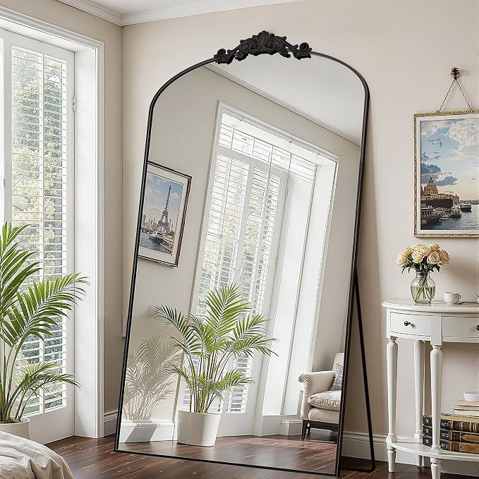 Antok Arched Full Length Mirror, 72"x44" Floor Mirror with Carved, Full Body Mirrors for HomeDecor, Standing/Halling Large Wall Mirror for Bedroom, Living Room, Cloakroom, Black, Retro Style