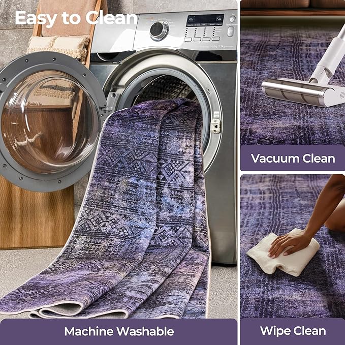 Kokia Abstract Area Rugs Washable Indoor 6x9 Rug Boho Distressed Retro Low Pile Non-Slip Non-Shedding Black Purple Carpet Bedroom Living Room Dining Room, Violet and Slate Blue