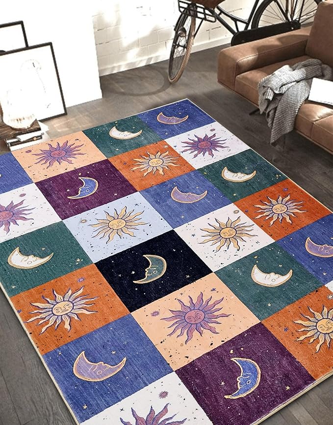 Boho Sun and Moon Washable Rug Ultra Thin, Vintage Mystical Celestial Checkerboard 5x7 Area Rug for Living Room Entryway Kitchen Dorm, Hippie Retro Aesthetic Cute Trendy Indie Bedroom Accent Carpet