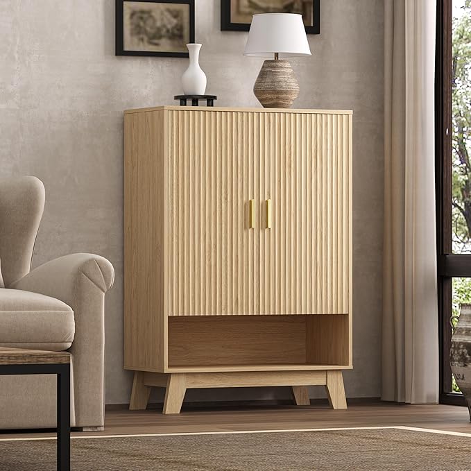 BOXACTION 4-Tier Fluted Shoe Cabinet with 2 Doors & Open Shelf, Mid Century Modern Shoe Storage Organizer with Adjustable Shelves, Metal Handles & Wood Legs, Hidden Shoe Rack for Entryway, Hallway