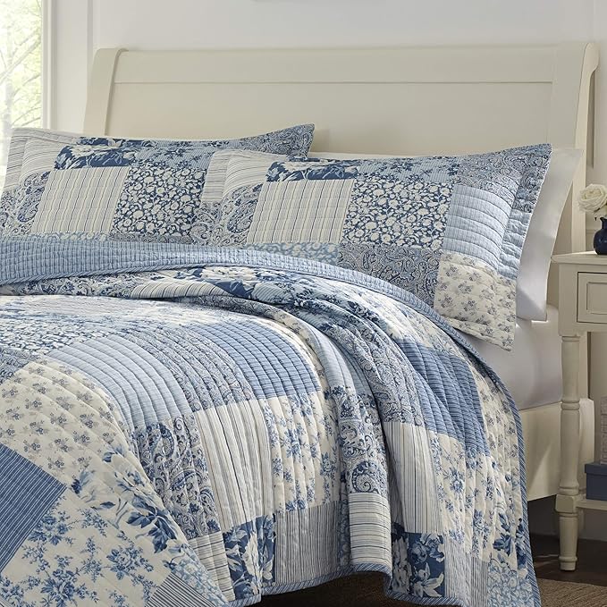 Laura Ashley - King Quilt Set, Reversible Cotton Bedding with Matching Shams, Farmhouse Inspired Home Decor (Paisley Printed Patchwork Blue, King)