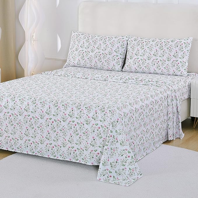 Softan Vintage Floral Twin Bed Sheets, Cozy Microfiber Flower Printed Sheets with 15" Deep Pocket Fitted Sheet & Non-Slip Straps, Patterned Botanical Wildflower Sheets & Pillowcase Set
