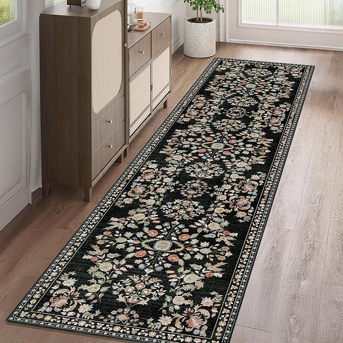 MUJOO Washable Runner Rug for Kitchen Hallways,2x8 Runner Rug Non Slip,Floral Carpet Runner for Bathroom Bedroom Laundry Floor,Long Mat Boho Indoor Vintage Low Pile Black
