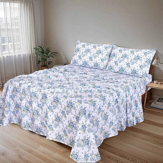 RUVANTI 100% Cotton Split King Sheets Sets for Adjustable Bed, 5 PCs, Soft & Breathable Percale Weave Bedding, Deep Pocket 16", Hotel Standard, Crisp Cool Feel & Durable, Floral Sheet, Paislyona