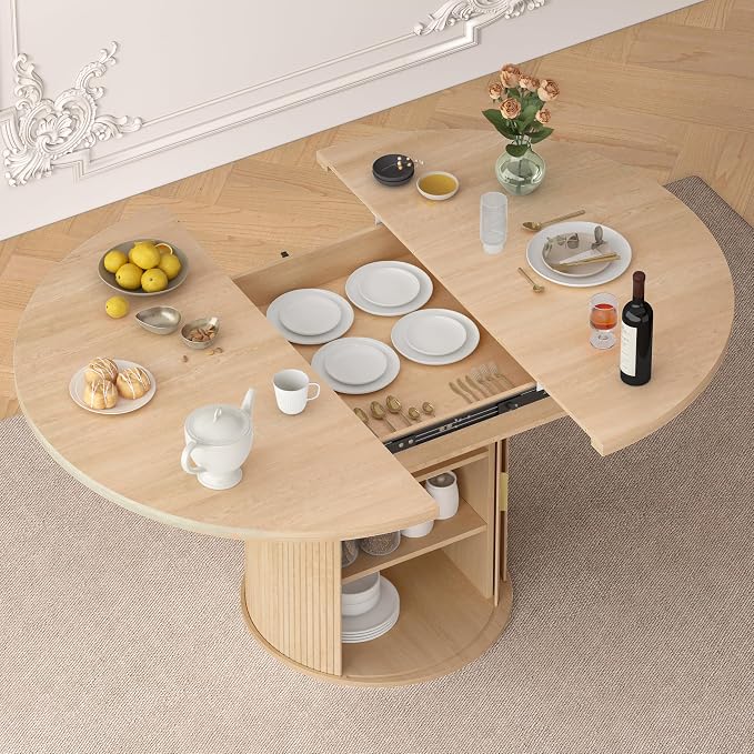 DHH 47"-63" Extendable Round Dining Table for 4–8 with Storage, Mid Century Modern Farmhouse Wood Oval Dinner Table with Pedestal Base for Kitchen, Living Room (Natural Wood)