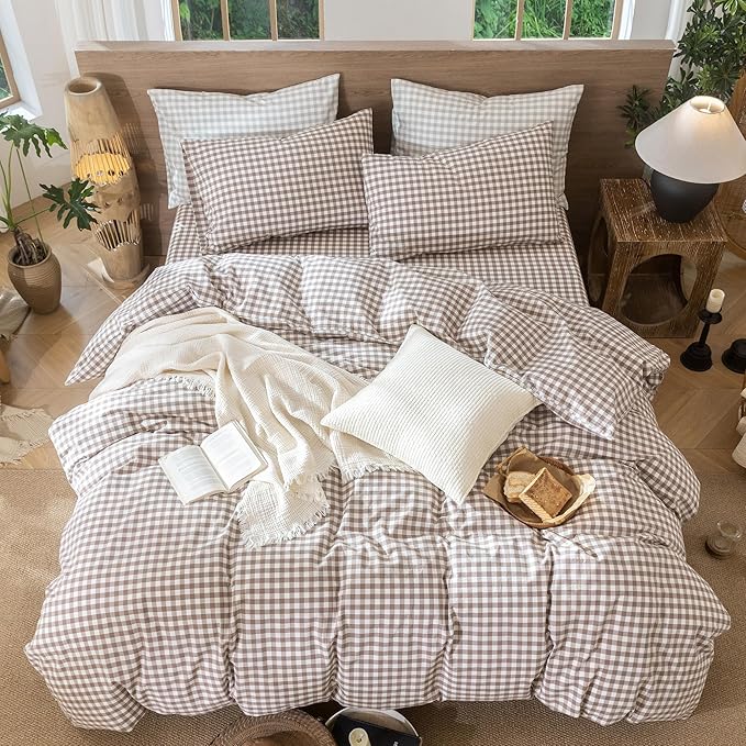 MooMee Gingham Duvet Cover Set 100% Washed Cotton Linen Like Textured Breathable Durable Soft Comfy Modern Checkered Design (Brown Gingham, Twin 68"x90")