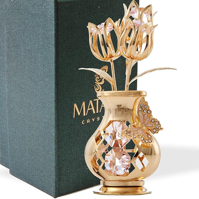 Matashi 24K Gold Plated Flower Ornament with Pink Crystals & Butterfly – Elegant Vase Décor – Perfect Christmas, Valentine’s for Her, Mom, Wife, Grandma