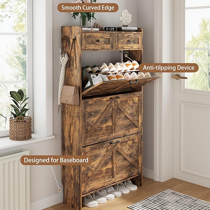 Shoe Cabinet with 3 Flip Drawers & 2 Top Drawers, 57" Tall Freestanding Narrow Wooden Shoe Storage Organizer for Entryway, Hidden Slim Shoe Rack for Front Door Entrance, Hallway, Living Room, Brown