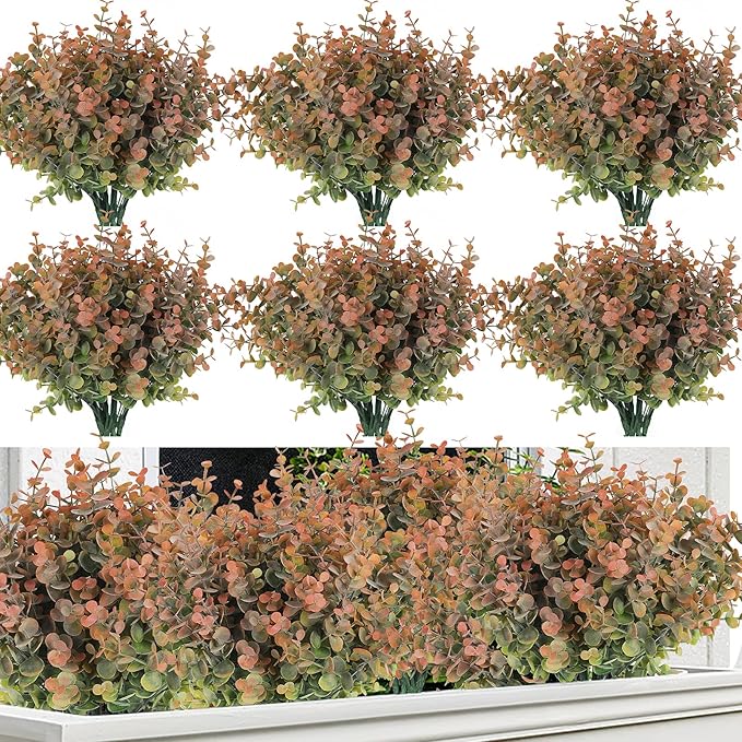RECUTMS 20 Bundles Artificial Plants Outdoor Faux Plant Eucalyptus Stems Artificial Bushes Boxwood Bushes for Farmhouse Bathroom Office Vase Centerpiece Indoor Outdoor Decor(Dusty Orange)