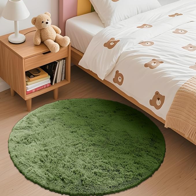 OLANLY Green Round Rugs for Bedroom - Machine Washable, 3 ft Circle Area Rugs for Living Room, Soft and Fluffy Shaggy Carpet for Teen Girl and Boys, Nursery Rooms, Dorms, Home Decor Aesthetic