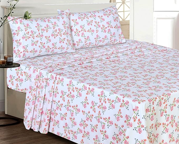 RUVANTI 100% Cotton King Size Sheets Set, 4 Pieces, Soft & Breathable Percale Weave Bedding, Deep Pocket 16", Hotel Standard, Crisp Cool Feel, Durable, Perfect Floral Bed Sheet, Bloomex