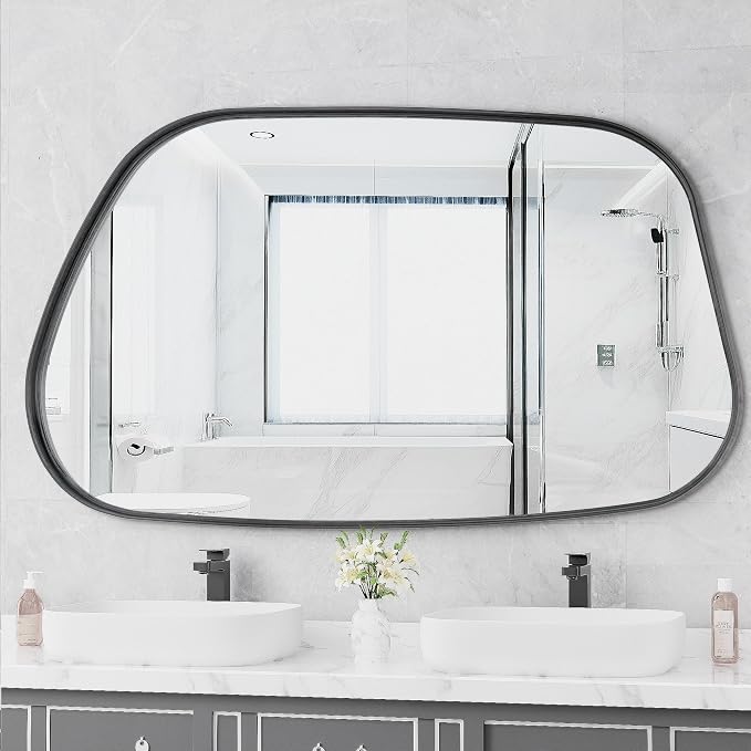 Irregular Wall Mirror 55"x28" Bathroom Mirrors Asymmetrical Artistic Decorative for Living Room Bedroom Bathroom Hallway Entryway,Trapezoid,Black