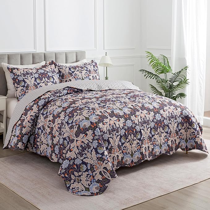 HoneiLife Quilt Set King Size - Microfiber Bedspread 3-Piece,Reversible Coverlet Lightweight Bedcover King Quilt Bedding Sets-Navy