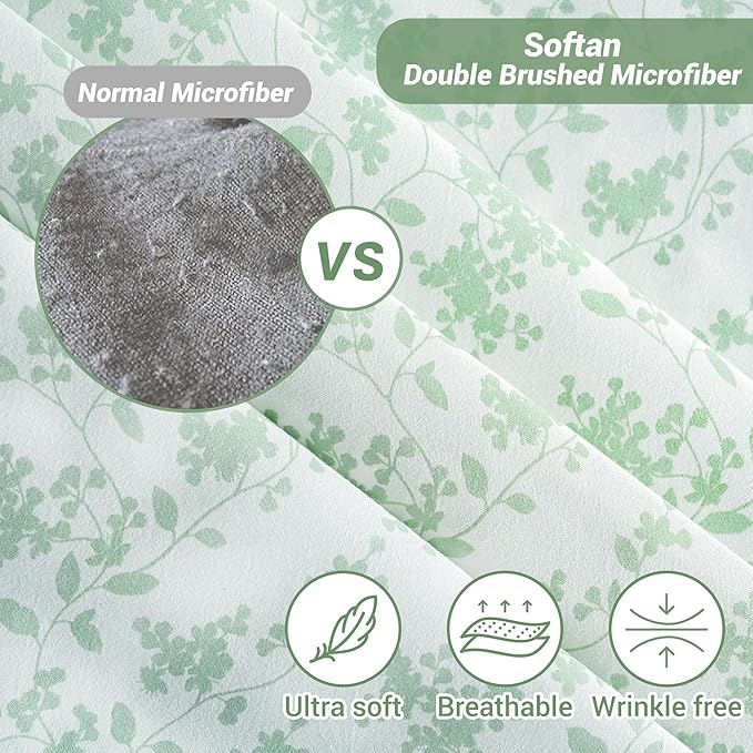 Softan King Sheet Set Green Leaves Bedding Sheets Printed Sheets - 4 Piece Soft Microfiber Botanical Patterned Fitted Sheet with 15" Deep Pocket