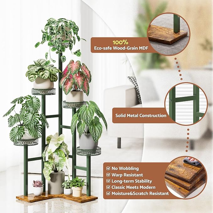 Wood Corner Stand Plants, 5 Tiered Wood Plant Stands Tall Indoor,Heavy Duty Metal Flower Pot Stands for Multiple Plants,Decoration Display Racks for Patio Garden -GreenFlower