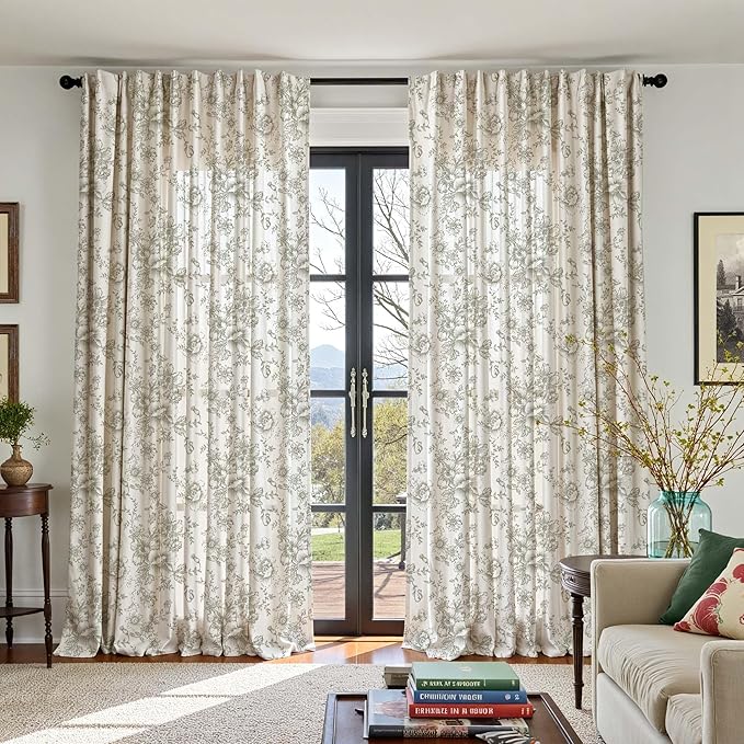 jinachan Linen Floral Curtains 100 Inch Extra Wide for Patio Sliding Glass Door Room Divider Curtain for Living Room 108 Inch Length Farmhouse Peony Christmas Green Printed Curtain Set 1 Panel