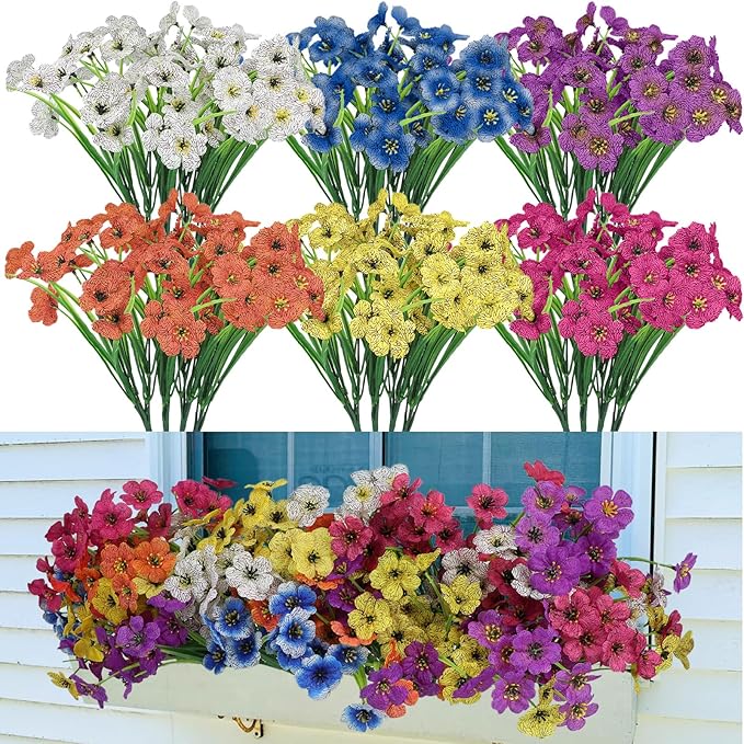 Nepfaivy Fake Outdoor Flowers Uv-Resistant - 24 Bundles 6 Colors Realistic Artificial Flowers, Plastic Faux Flowers for Outdoor Planters, Silk Fake Flowers for Outside to Decor Patio Porch Garden Yard