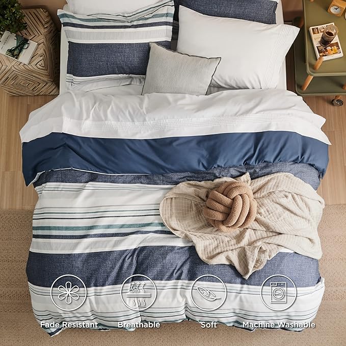 Bedsure Duvet Cover Queen Size - Reversible Striped Duvet Cover Set with Zipper Closure, 3 Pieces Blue Bedding Set with 8 Corner Ties and 2 Pillow Shams 20"x26"