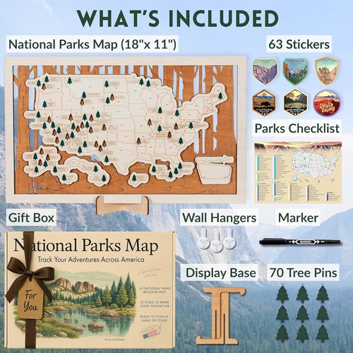 National Parks Map - USA Travel Tracker with Checklist, Pins & Stickers | Perfect Adventure Gift for Park Lovers
