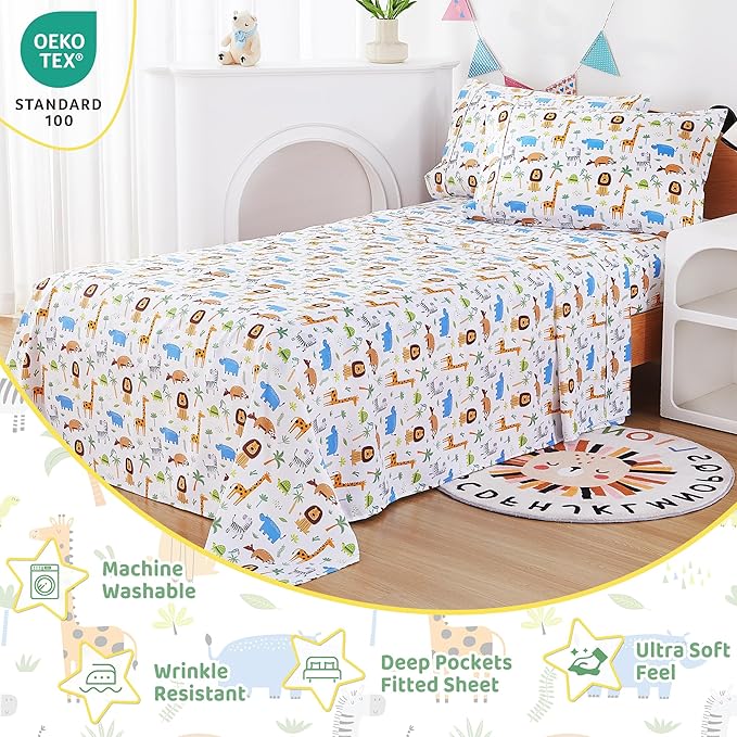 Viviland 3 Pieces Girls Boys Wild Forest Animals Twin Sheet Set - Soft Microfiber Fitted Flat Sheets & Pillowcase - Kids Lion Elephant Print Bedding Sets - for Kids & Toddlers