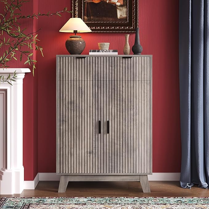 BOXACTION Fluted Shoe Cabinet, 4-Tier Mid Century Modern Narrow Shoe Storage Cabinet with Doors & 2 Drawers, Adjustable Shelves, Freestanding Hidden Shoe Rack Organizer & Wooden Legs for Entryway