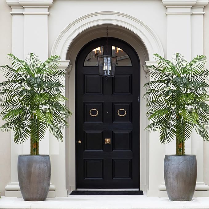 Artificial Golden Cane Palm Tree：6T Fake Large Tropical Areca Palm Trees Tall Faux Silk Plant in White Pot with Realistic Triple Textured Trunks for Office Outdoor Home Decor Hotel Patio Lobby