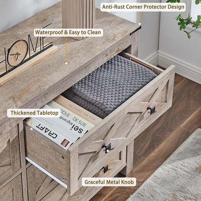 6 Drawer Dresser, Farmhouse 54" Wide Wood Chests of Drawers for Bedroom, Grey Dresser TV Stand Organizers for Entryway, Clothes Organizer, Accessory Storage Cabinet, Light Rustic Oak