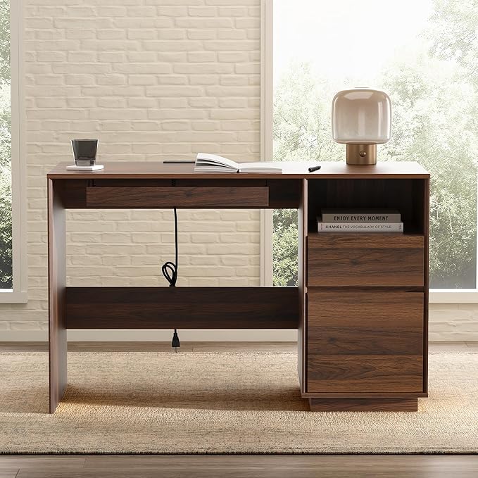 47" Office Desk, Home Office Desk with File Drawer & Open Storage & Power Outlet, Large Wooden Executive Desk for Study Writing, Brown