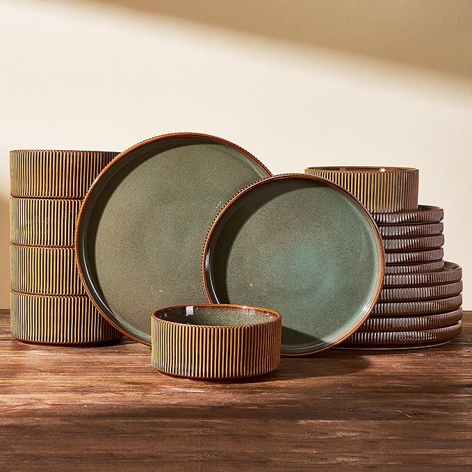 Stoneware Plates and Bowls Dishes Sets Service for 6 (18-Piece), Famiware Premium Handcrafted Reactive Glaze Dinnerware Set with Raised Rim, Scratch Resistant, Microwave Dishwasher Safe, Moss Cocoa