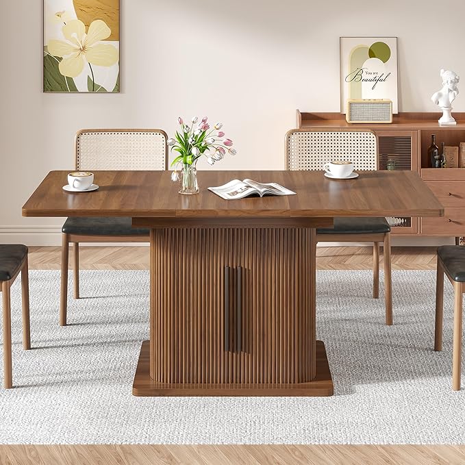 Extendable Dining Room Table for 4-6, 47-65 Inch Rectangle Kitchen Dining Table with Large Storage, Fluted Sliding Door, Expandable Mid Century Modern Dinner Furniture, Living Room, Walnut, Brown