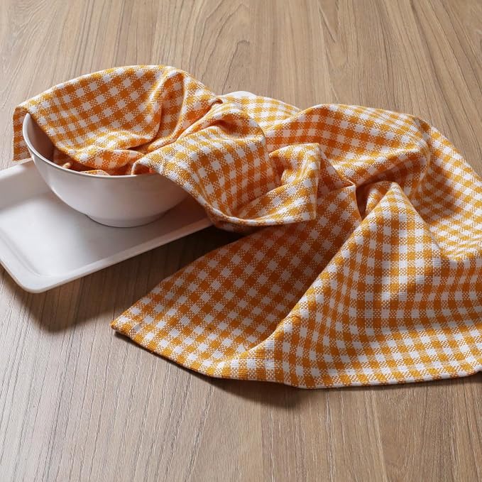 4 Pack Gingham Check Kitchen Dish Towels 16x26 Inches, Absorbent & Durable, Washable, Hand Tea Towels with Hanging Loop - Ideal for Restaurants & Home Kitchens, Yellow White