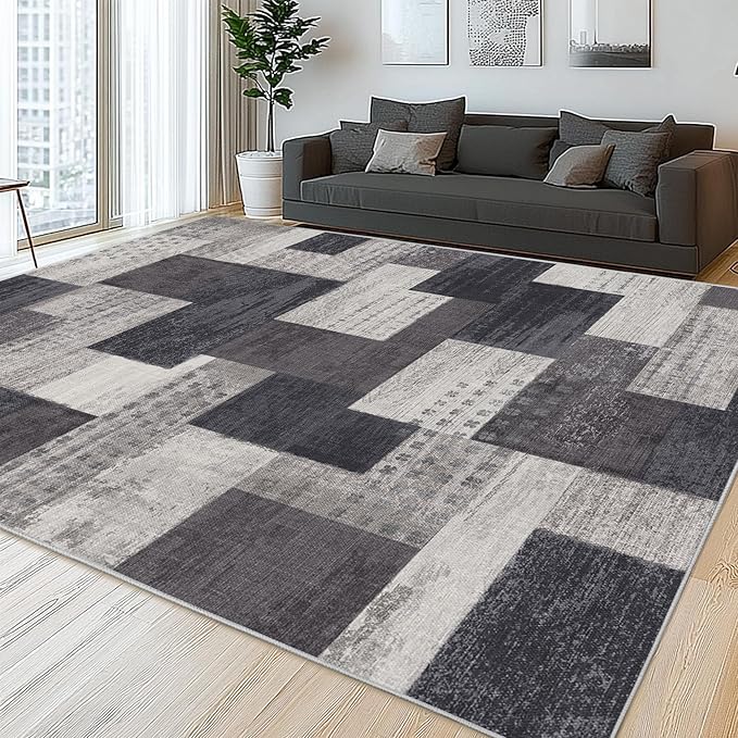 Modern Geometric Patchwork Indoor Area Rug for Living Room, Charcoal 9'x 12' Large Rug Rockwood Collection Hardwood Floors Decor for Bedroom, Grey Throw Carpet for Office Entryway Dining Room