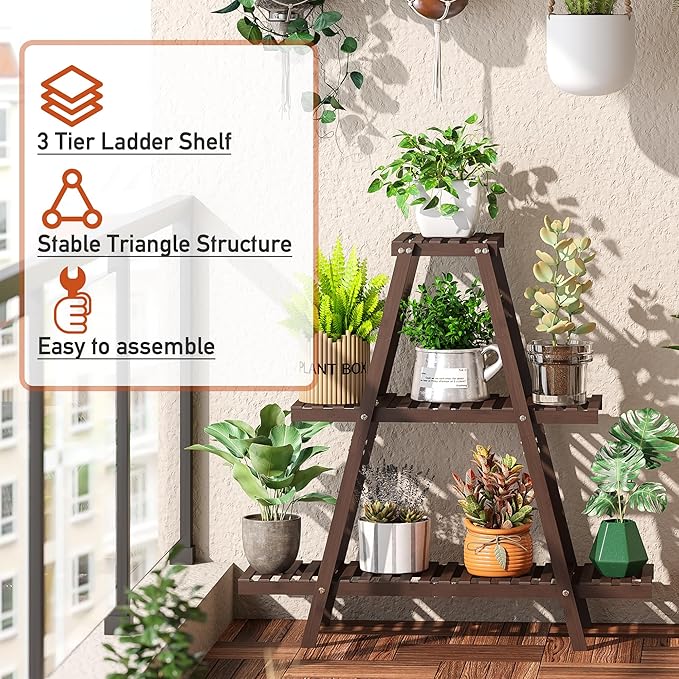 GHWIE Plant Stand Indoor Plant Shelf Outdoor bamboo Plant Rack, 3 Tiers Ladder Plant Holder Flower Stand for Living Room Balcony Garden Patio,Living Room Boho Home Decor for Gardening Gifts (Brown)